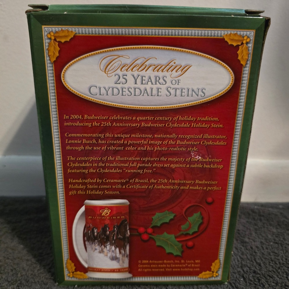 Budweiser Holiday Stein 25th Anniversary 2004 CS608 Clydesdales Mug Red Box COA - Picture 6 of 7